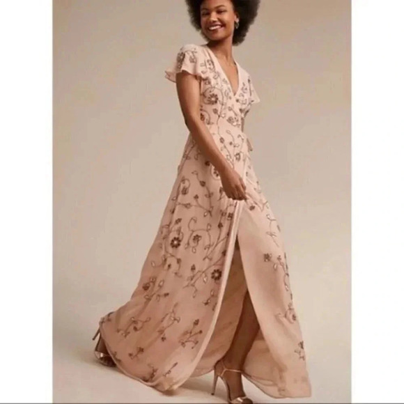 NWT Anthropologie BHLDN Plymouth Wrap Maxi Dress MOB Wedding Cocktail Cream Tan - Picture 1 of 11